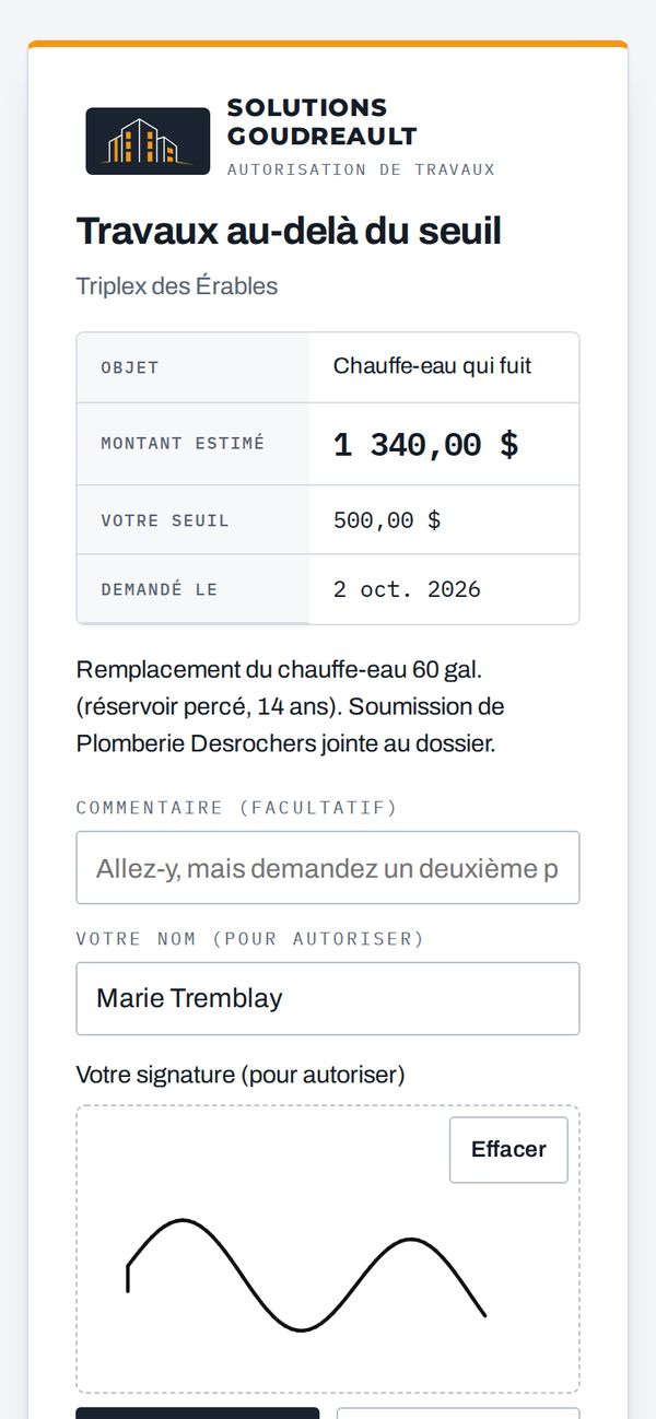 Autorisation de travaux signée au doigt sur un cellulaire